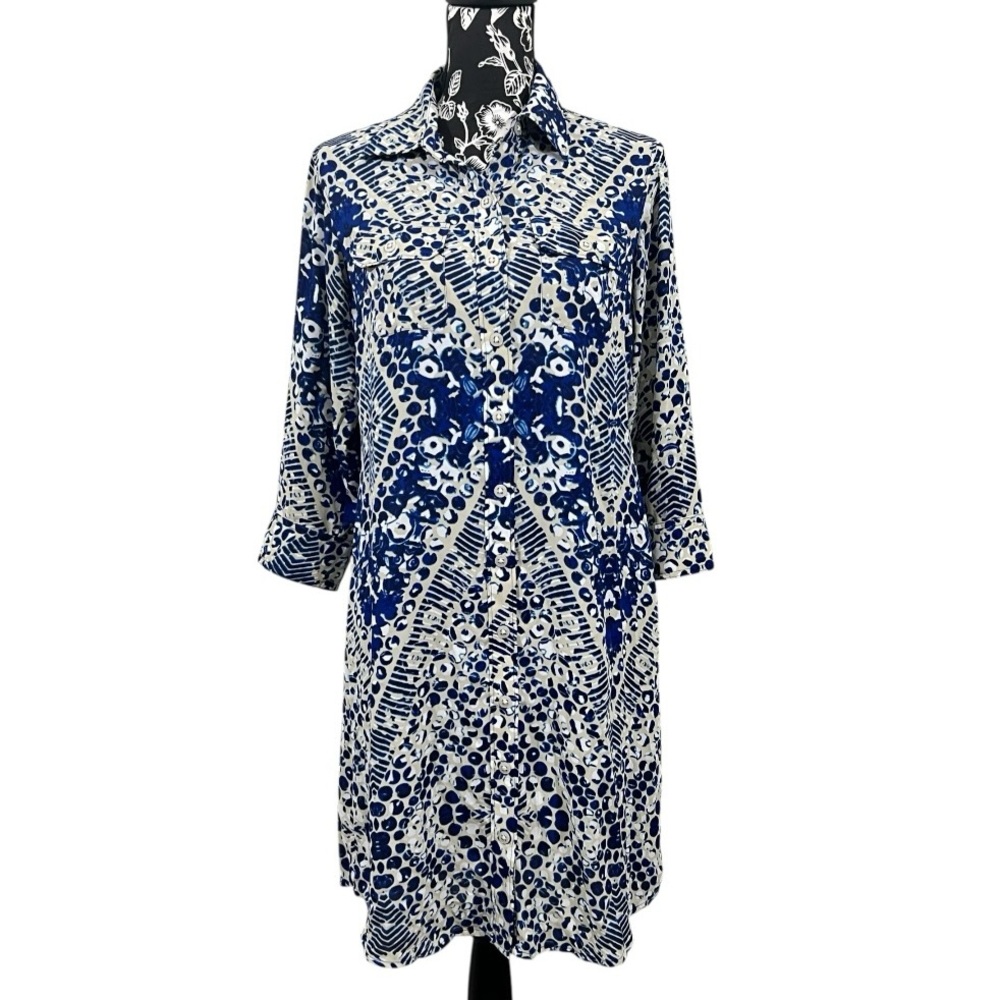 CAbi Blue and Cream Abstract Dress 3/4 sleeves collared‎ button down